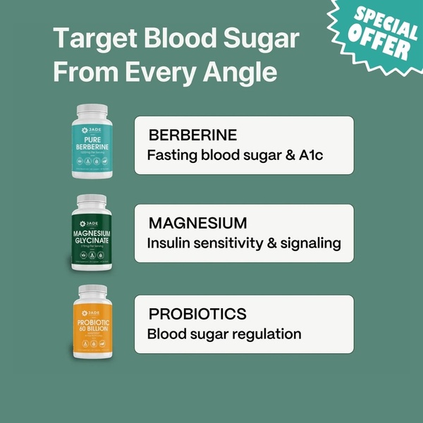 A clean, clinical-style infographic ad listing three distinct supplements and their specific roles in blood sugar and insulin management.